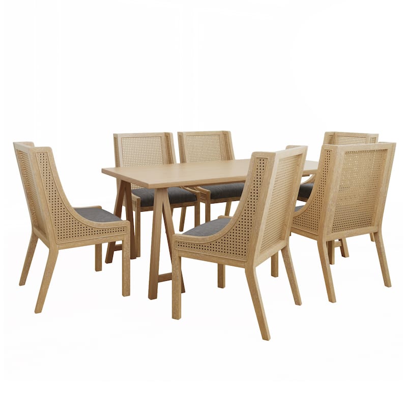 Sorenza 7pc Dining Set with Cane Rattan Dining Chairs and Rubberwood Table by Christopher Knight Home - Natural Oak+CHARCOAL+Natural Cane