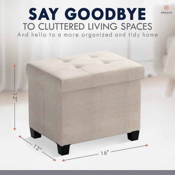 dimension image slide 1 of 5, Ornavo Home Collapsible Rectangle Small Storage Ottoman with Legs - 12" x 16" x 12"