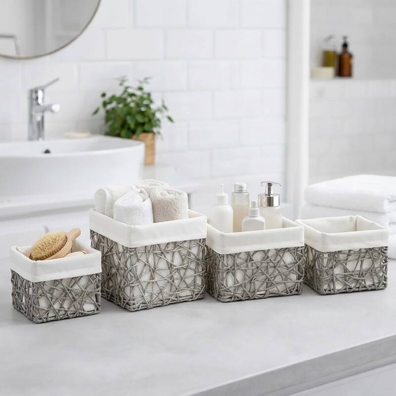 Paper Rope/ Linen Storage Baskets (Set of 4) - 8.4"L x 7.4"W x 6"H - Grey/White
