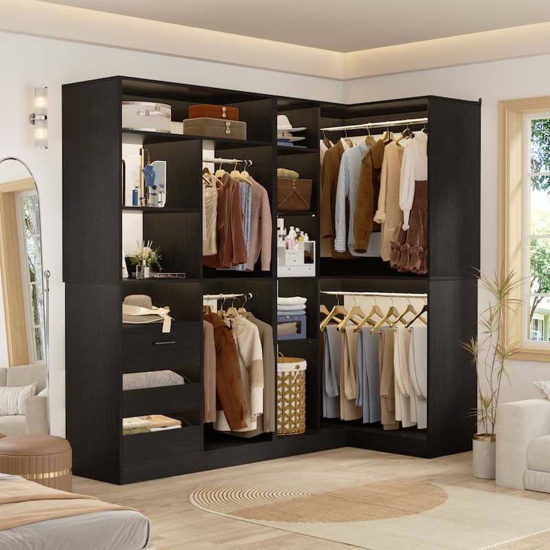 Qvella Set of 2 Corner Closet System with Drawers and Hanging Rods,72 Inches Wide Closet Organizer for Walk-in Closet - Black