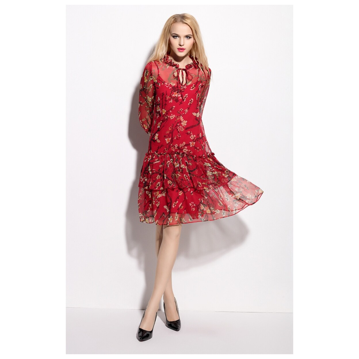 red floral chiffon dress