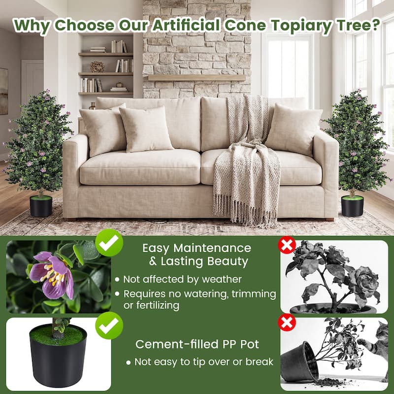 Gymax 2 Pack 36'' Artificial Topiary Cone Tree w/49 Flowers