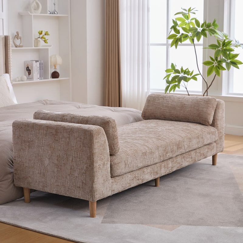 Modern 83.1" Upholstered End of Bed Bench with Armrests, Chenille Accent Reading Bench with Pillows and Wood Legs for Bedroom