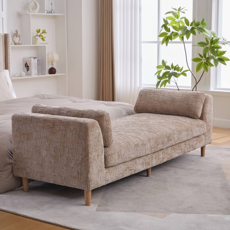 Ottoman Bench with Armrests, Chenille Upholstered End of Bed Bench, Window Bench with 2 Bolster Pillows & Rubberwood Legs