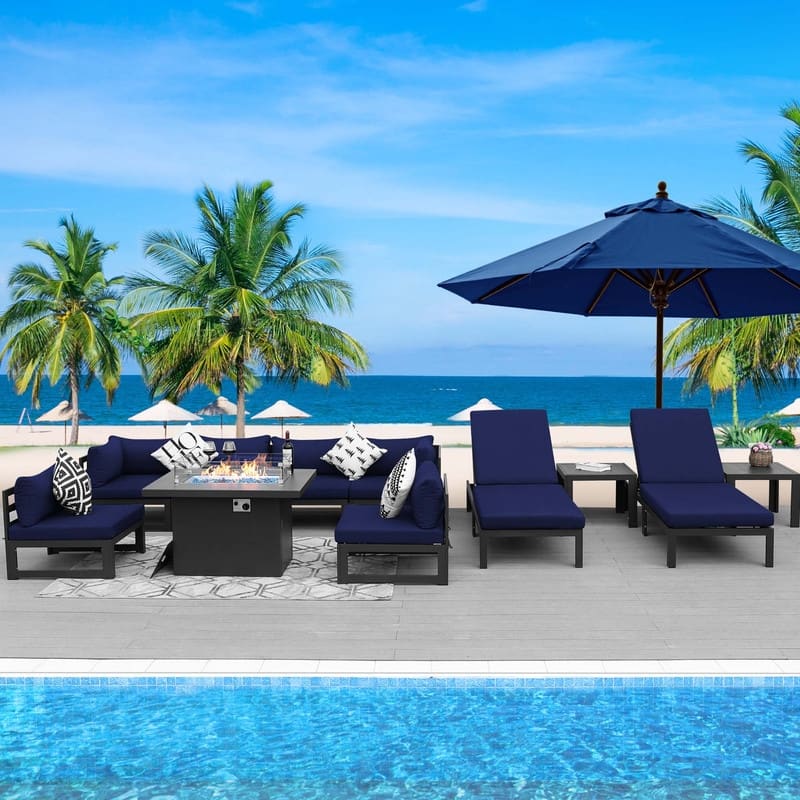 FINCATI Aluminum Outdoor Patio Furniture Conversation Sectional Sofa Set - 11 Pieces - Navy Blue