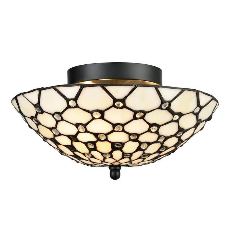 Anzio Tiffany Style Semi Flush Mount Ceiling Fixture Antique Brass & Art Colorful Glass Shade--3 Lights - Copper-Foiled