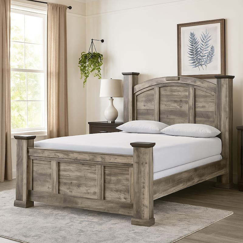 Elaya Queen Panel Bed, Arched Crown Headboard, Weathered Gray Wood