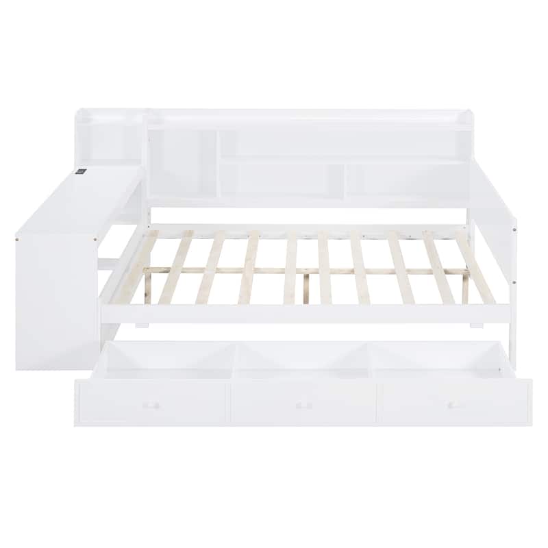 White Full Size Wooden Daybed with Three Drawers, USB Ports, and Desk
