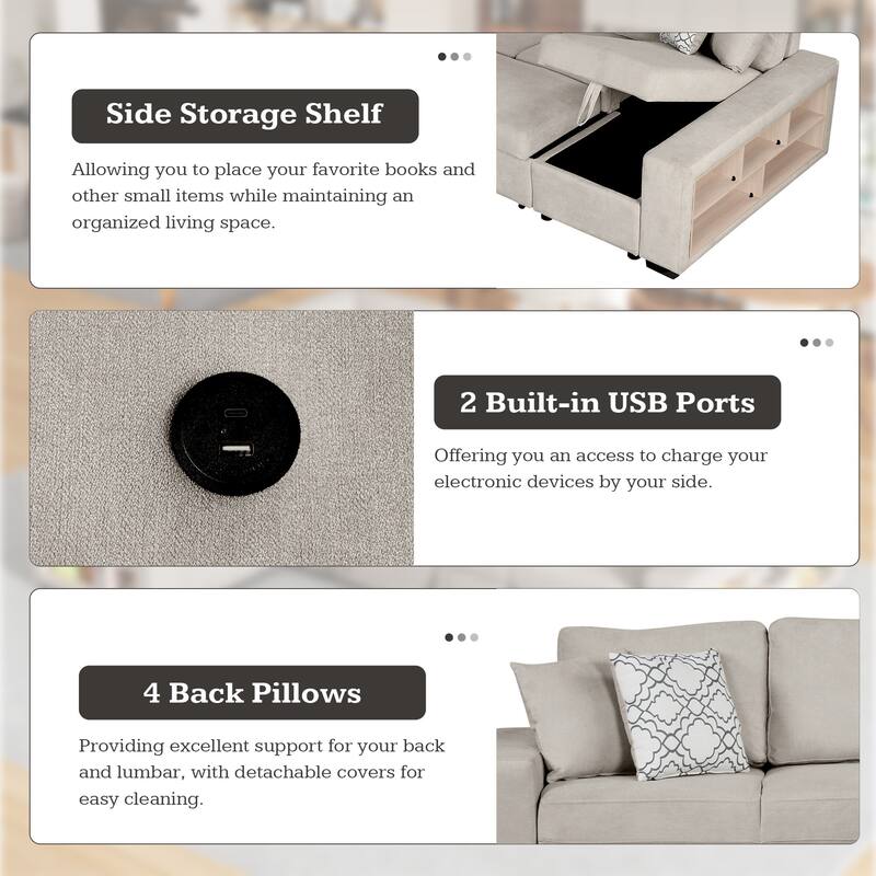 Roomfitters U-Shaped Sectional Sofa with Pull-Out Bed, Two USB Ports, Storage Chaise Lounge, and Four Back Pillows