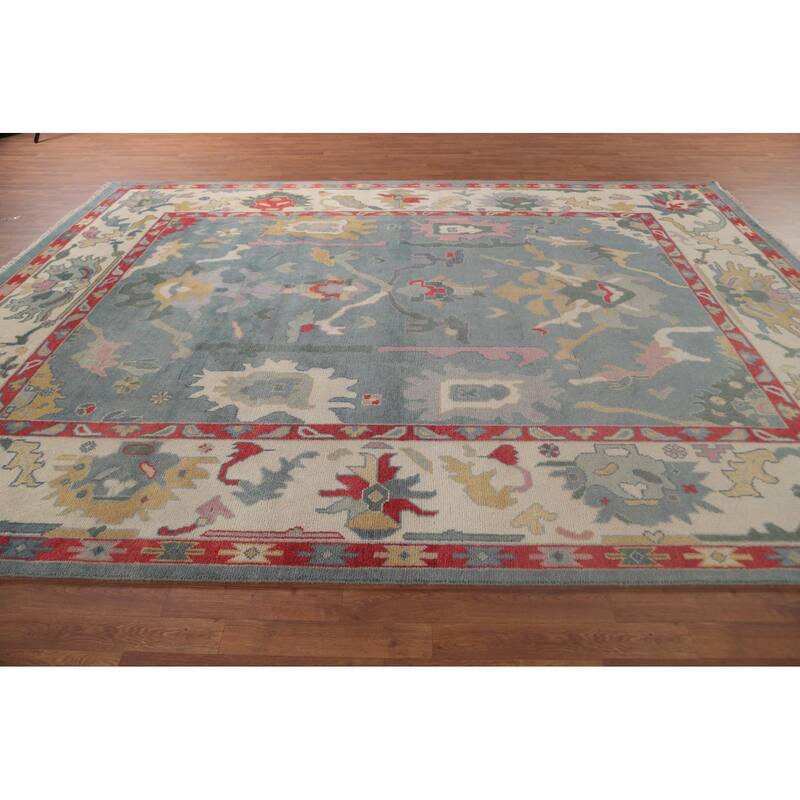 Light Blue Oushak Area Rug Hand-Knotted Transitional Wool Carpet - 9'1" x 11'9"