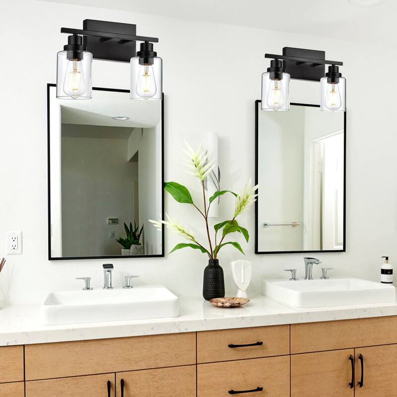 2-Light Wall Light Black Bathroom Vanity Lights, E26 Modern Bathroom Light Fixtures with Clear Glass Shade, Sconces Wall Lights - Black