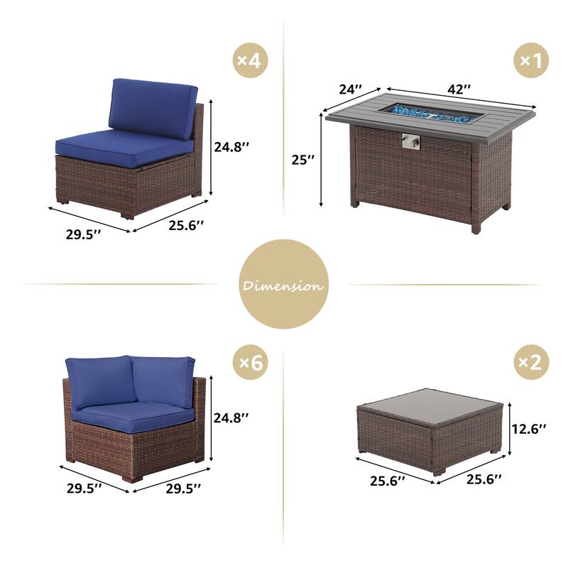 13 Piece Wicker Set Patio Sofa Furniture with Fire Pit And Table