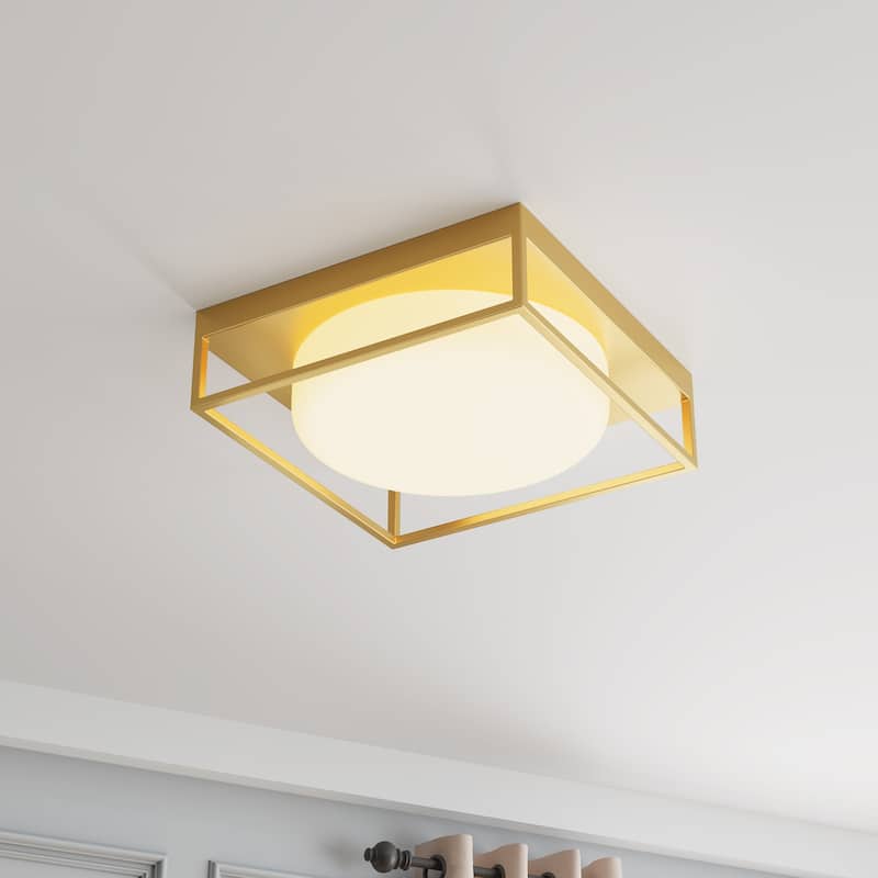 Farmhouse Square Metal Frame Flush Mount Ceiling Light with White Glass Shade