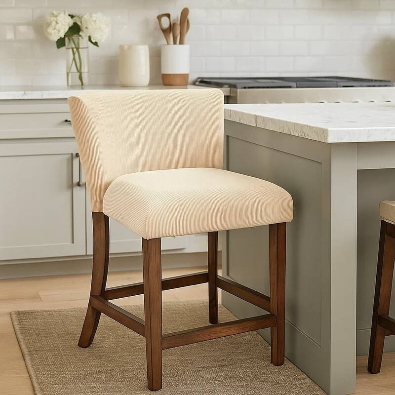 Giby Counter Stool Chair Set of 2, Beige, Dark Brown Solid Mahogany