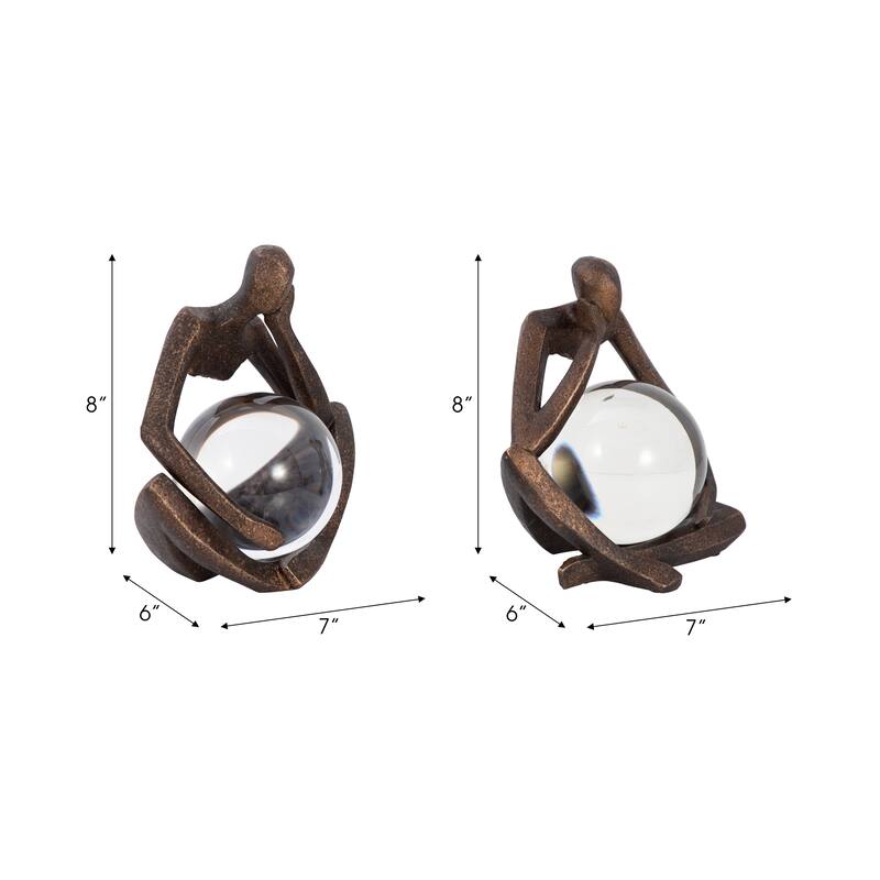 Sagebrook Home 8" Aracar Bronze Statuary With Cyrstal Sphere, Set of 2 - 7" x 6" x 8"