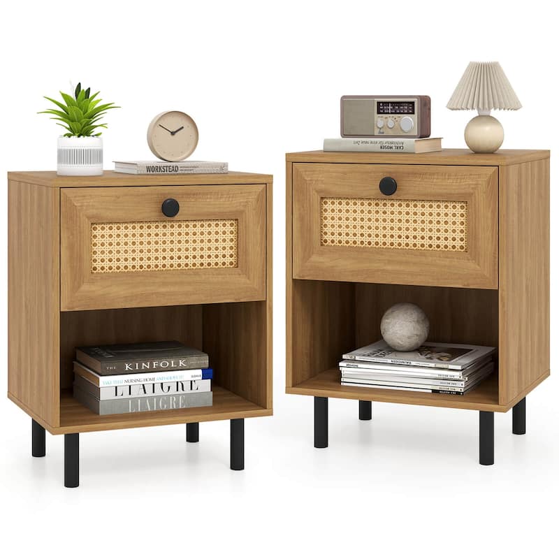 Costway 1/2 PCS Rattan Nightstand Boho End Table with Drawer & Open - See Details - Natural-2 PCS