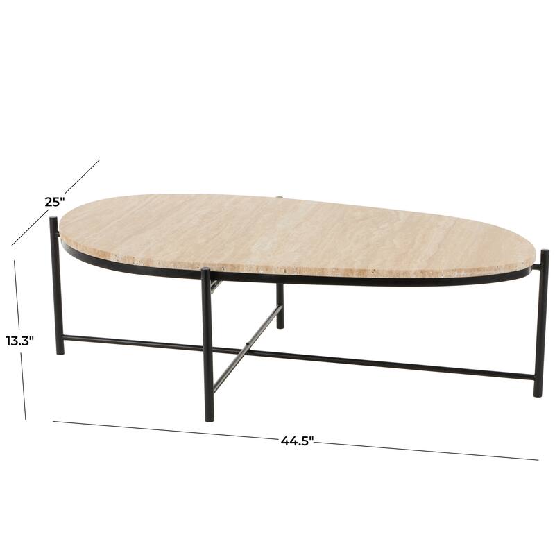 Beige Marble Living Room Coffee Table with Black Metal Support