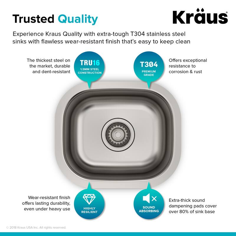 Kraus 15-1/8" Undermount Single Bowl 18 Gauge Stainless Steel Kitchen