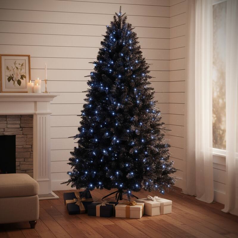 HomeRoots 7.5' Black Pre Lit Full Fir Christmas Tree - 57.00 in. x 90.00 in. x 57.00 in. - Black - 7.5 Foot