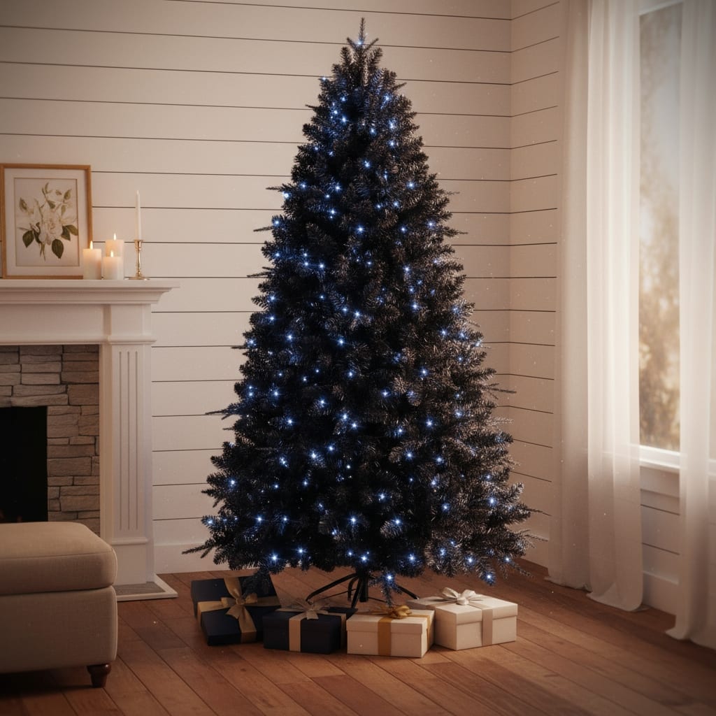 HomeRoots 7.5' Black Pre Lit Full Fir Christmas Tree - 57.00 in. x 90.00 in. x 57.00 in.