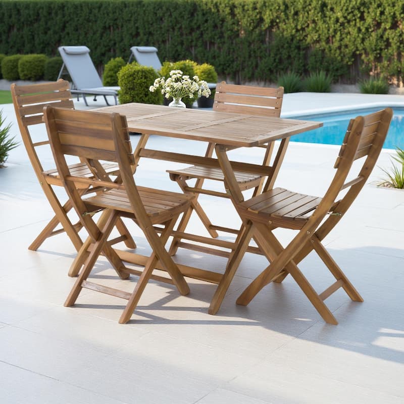 5-Piece Outdoor Acacia Wood Folding Dining Set with Folding Table and 4 Folding Chair - Natural