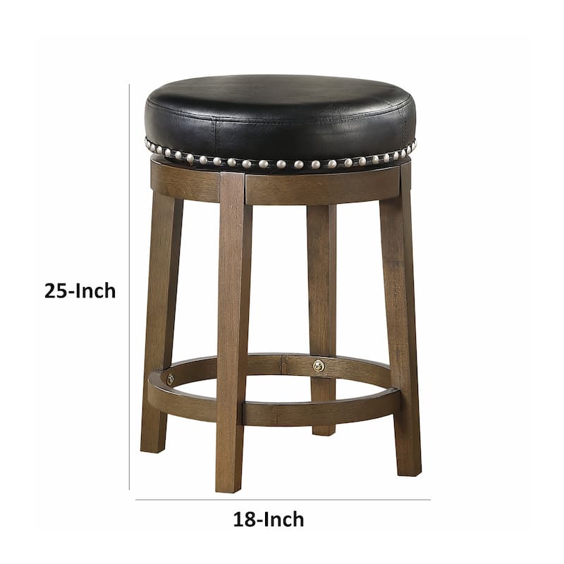 Bara 25 Inch Swivel Counter Stool, Black Round Faux Leather, Brown Wood