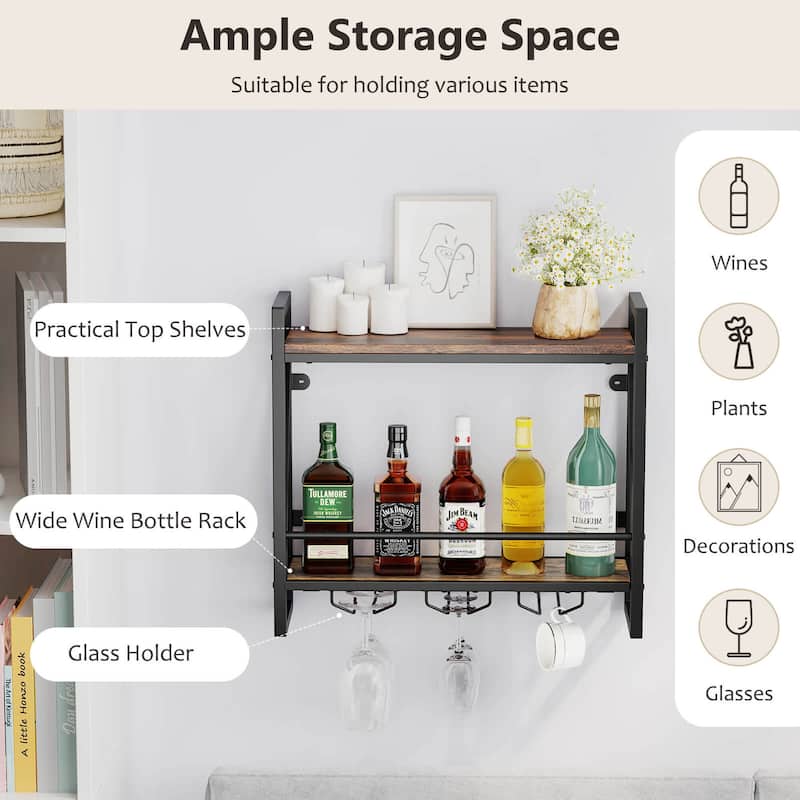 Costway Wall Mounted Wine Rack with 2-Tier Shelves 3 Glass Holders - See Details