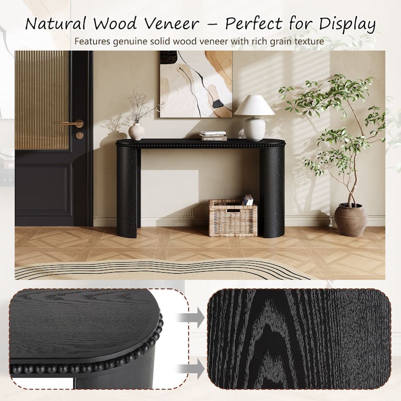Vintage Console Table With Beaded Trim And Reversible Curved Legs,Natural Wood Veneer Finish-Entryway Accent Table
