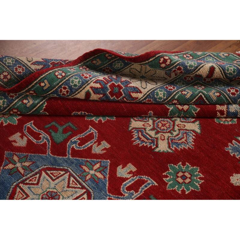 Red Geometric Kazak Oriental Area Rug Hand-Knotted Wool Carpet - 6'8" x 9'7"
