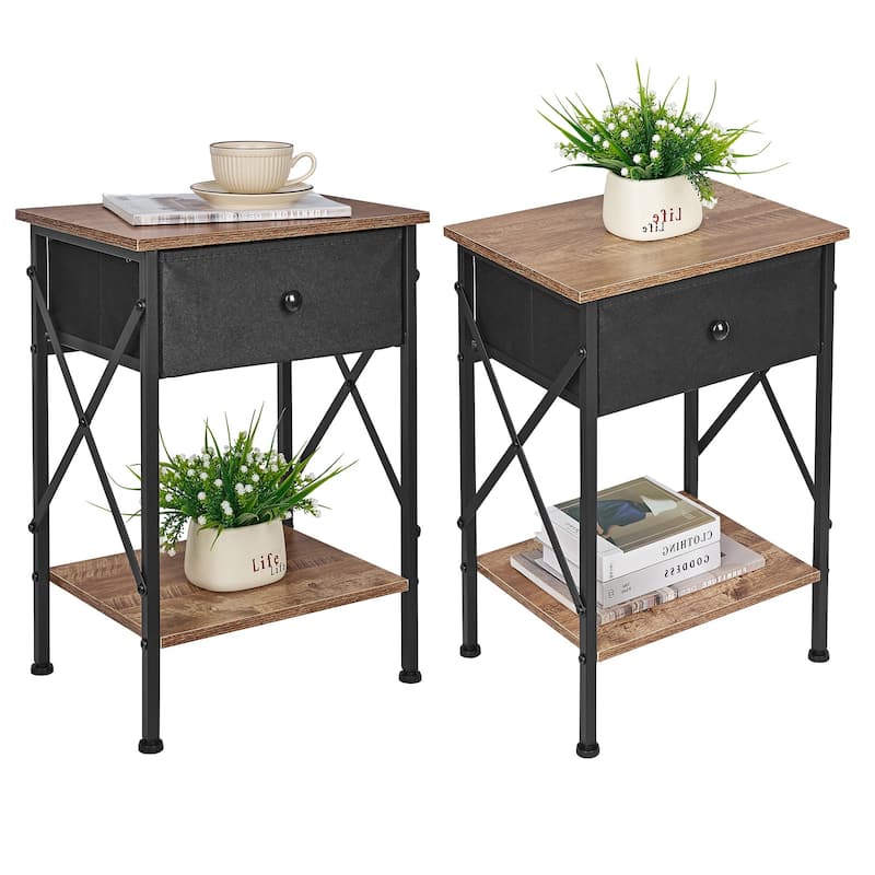 Javlergo 2 Pack X Frame Nightstand with Removable Fabric Drawer Easy to Clean Multifunctional End Table with Open Shelf - Walnut