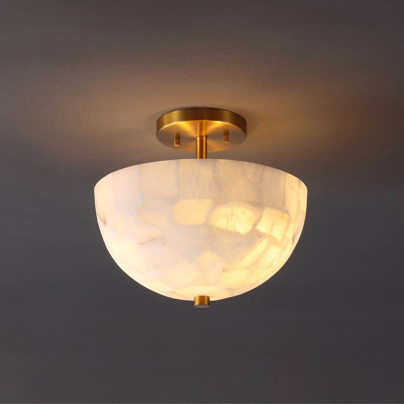 Jules 11.88" 2-Light Modern Alabaster/Iron Inverted Dome LED Semi Flush Mount, White Marbling/Brass Gold by JONATHAN Y