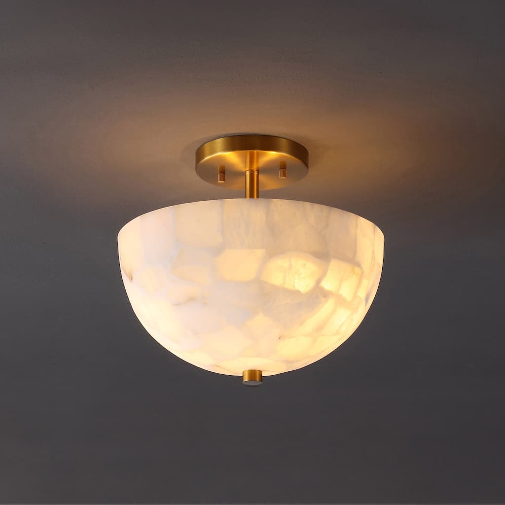 Jules 11.88" 2-Light Modern Alabaster/Iron Inverted Dome LED Semi Flush Mount, White Marbling/Brass Gold by JONATHAN Y