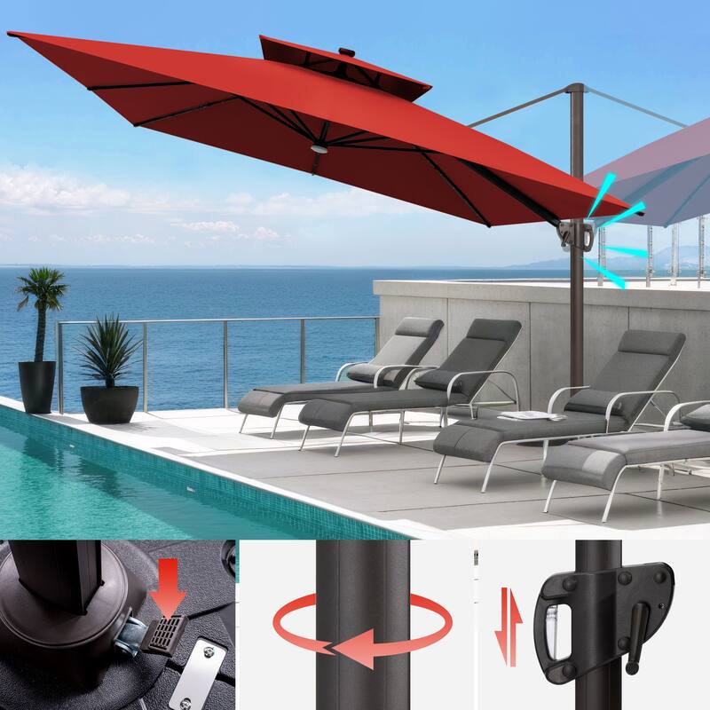 VredHom 11X11 FT Outdoor Square Cantilever Patio Umbrella Aluminum Solar LED Light with HDPE Base