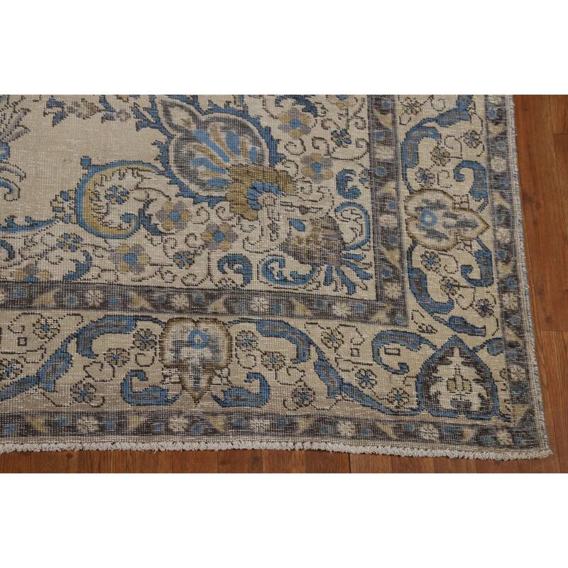 Tabriz Persian Area Rug Hand-Knotted Beige Floral Wool Carpet - 8'2"x 10'9"