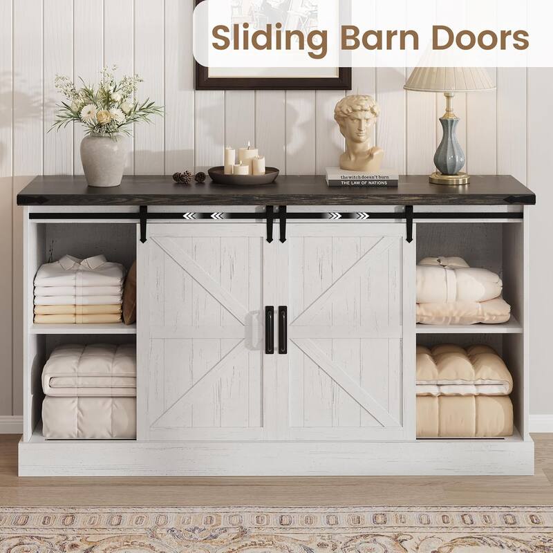 Farmhouse 4 Drawer Dresser for Bedroom, 59" Wood Dressers with Sliding Barn Doors