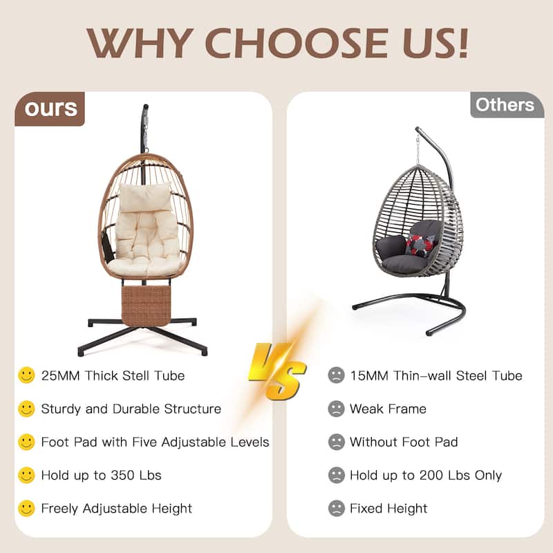 EROMMY Hanging Egg Chair with Stand, Foldable Indoor/Outdoor Swing Chair includes Cushion and Pillow, Patio Wicker Swing
