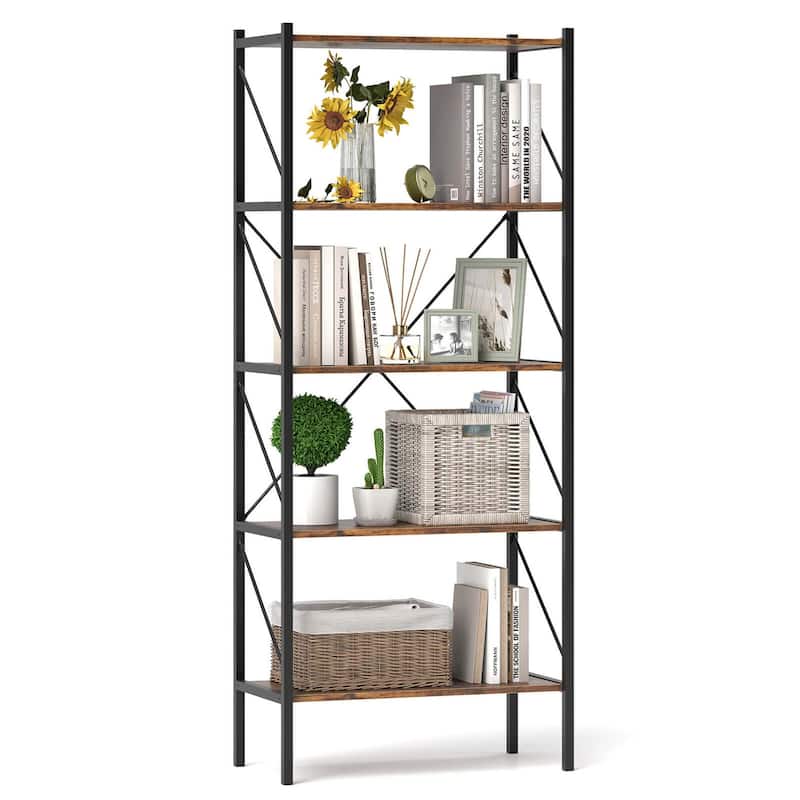 1/2 PCS 5-Tier Bookshelf 63" Tall Bookcase with Open Shelves - Rustic Brown & Black - 1 pcs