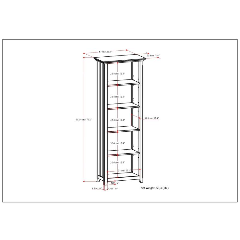 WYNDENHALL Normandy SOLID WOOD 72 x 26 inch Transitional 5 Shelf Bookcase - 14" D x 26" W x 72" H