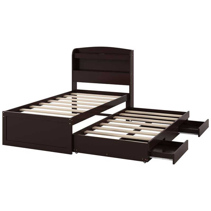 Twin XL Platform Bed with Storage, LED Headboard, Charging Station, Trundle, and Drawers, Dark Brown