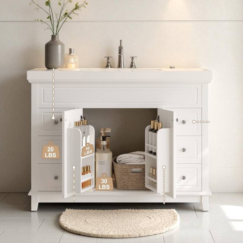 48" Bathroom Vanity with Resin Sink, 6 Soft-Close Drawers, Double Doors and Solid Pine Legs, Freestanding Cabinet