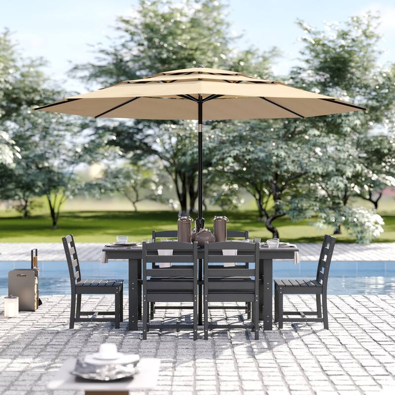 Outdoor Dining Table and Chair Set: HDPE Material, Wood - Grain Design