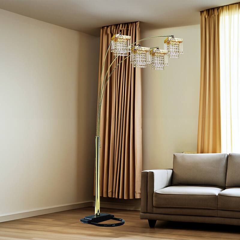 Crystal Inspired Arch Floor Lamp with 4 Square Shades Adjustable Arms - Gold+Black - Gold+Black