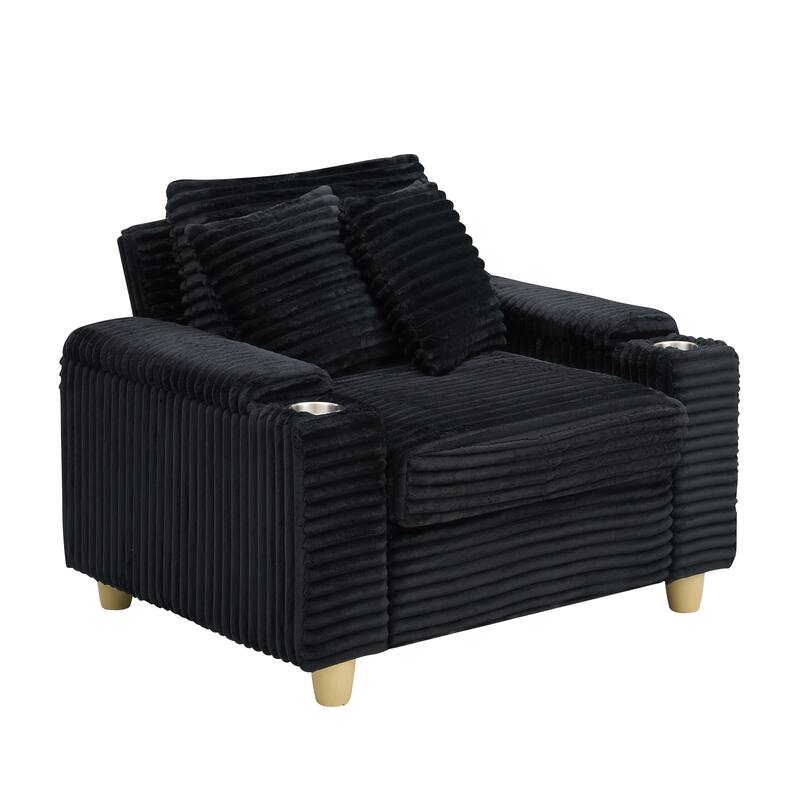 Corduroy Accent Chair & Storage Ottoman Set of 2, Single Sofa Armchair Lounge Chair with Pillows & Cup Holders