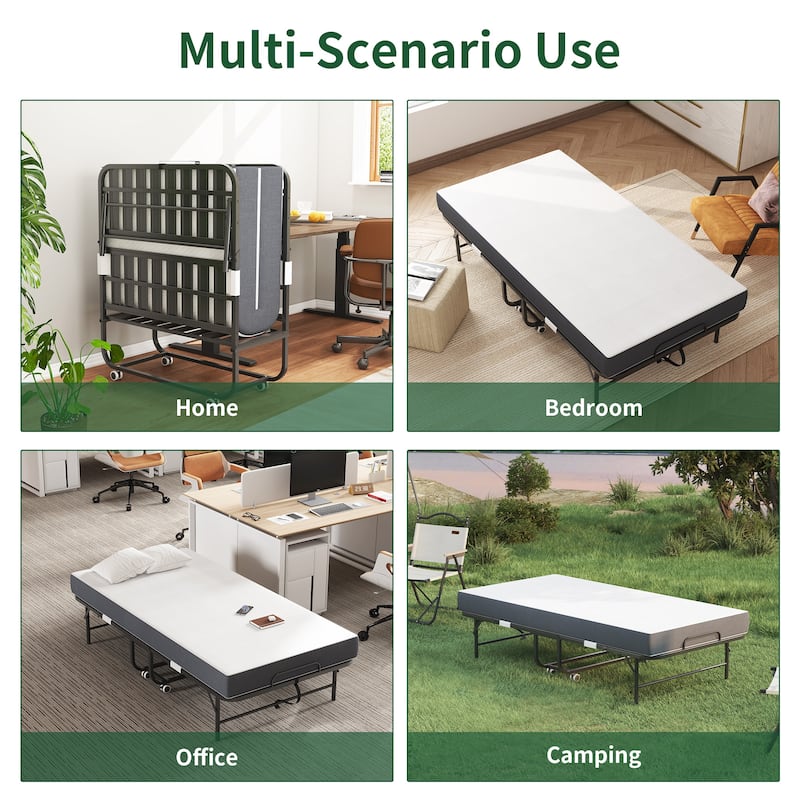 Twin Size Foldable Bed with 3.7" Memory Foam Mattress - Heavy-Duty 300lb Capacity, 360° Wheels