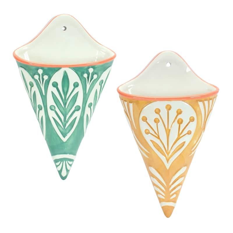 Ornate Floral Ceramic Wall Pockets - 10.5" - Set of 2