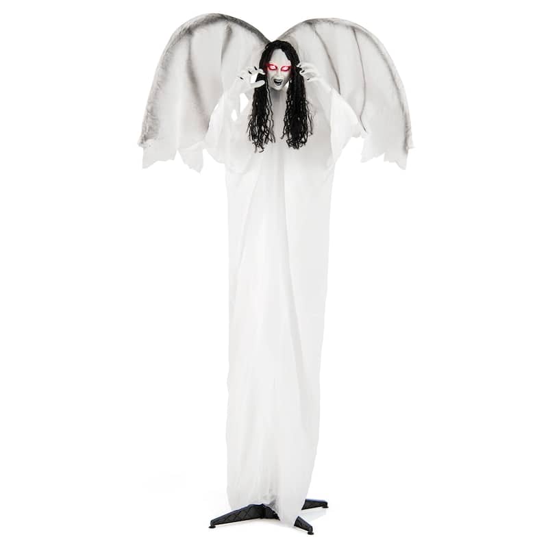 White Metal Fabric Animated Halloween Angel Prop with Wings and Sound - White