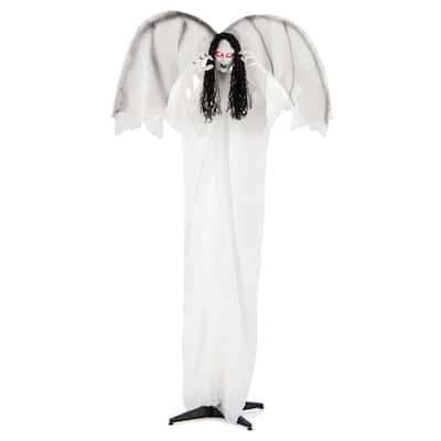 White Metal Fabric Animated Halloween Angel Prop with Wings and Sound