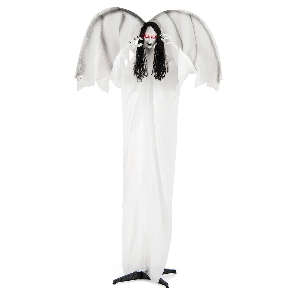 White Metal Fabric Animated Halloween Angel Prop with Wings and Sound