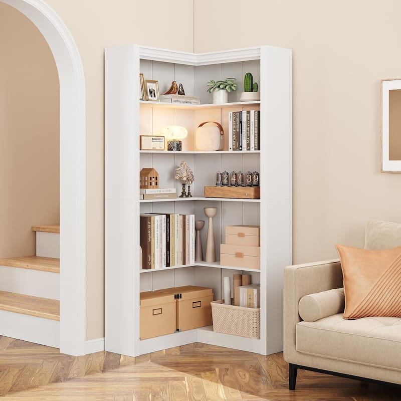 71.8" Tall Corner Bookshelf, 5-Tier L-Shaped Corner Bookcase, Modern Industrial Wood Display Storage Shelves for Living Room