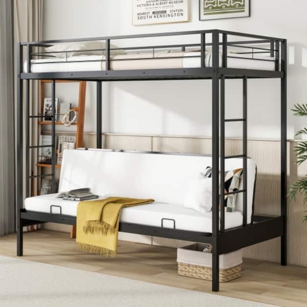 slide 2 of 11, Twin Over Futon Bunk Bed with 2 Ladders and Safety Guardrails-Black Black